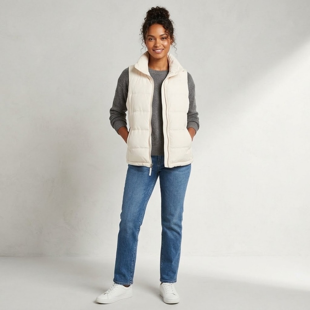 Old Navy Puffer Vest Womens L Cream Fleece Lined Quilted Outerwear Transitional